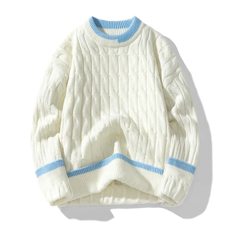 Man wearing a two-piece loose fit sweater in a sports style, showing the acrylic and modal fabric texture.