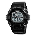 Waterproof sports electronic watch with round dial and plastic strap in multiple colour options