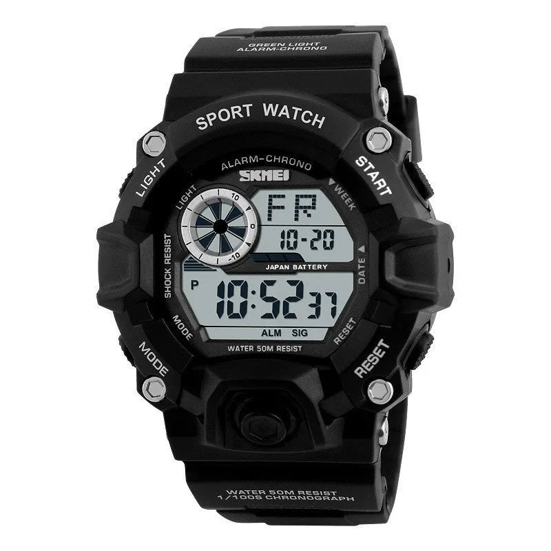 Waterproof sports electronic watch with round dial and plastic strap in multiple colour options
