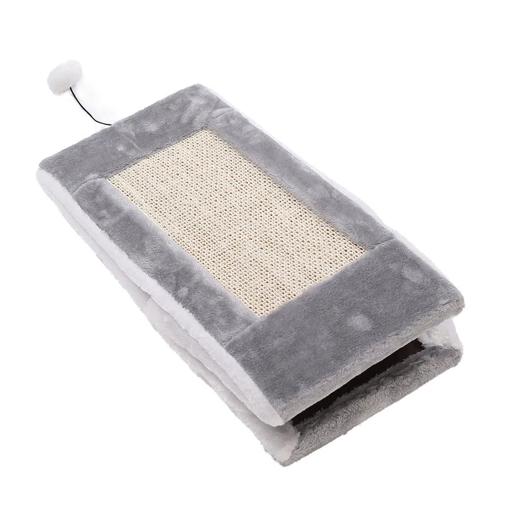 Grey-white triangle cat claw sisal toy with geometric platform design and plate fur material