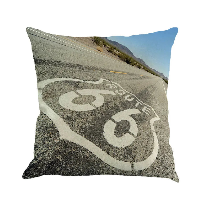 Route 66 landscape pattern linen cushion cover 45x45cm in cotton linen blend