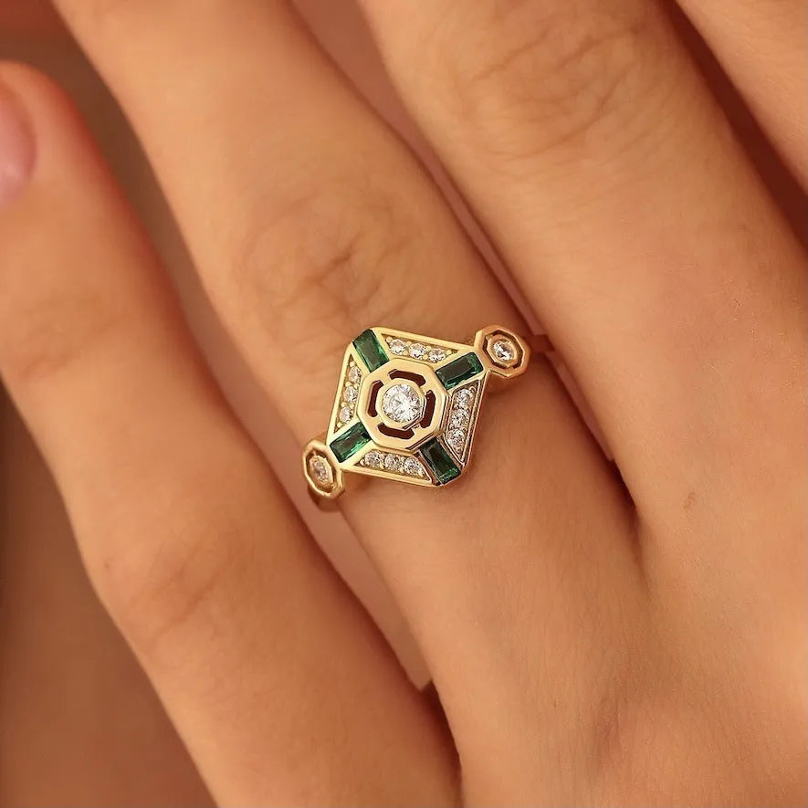 Square geometric emerald diamond ring in lvzuan colour with Ins style design