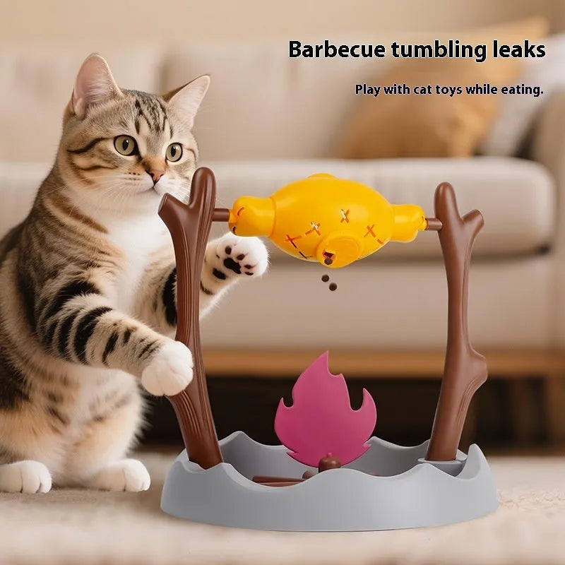 Blue and white tumbling cat food feeder toy on a wooden floor