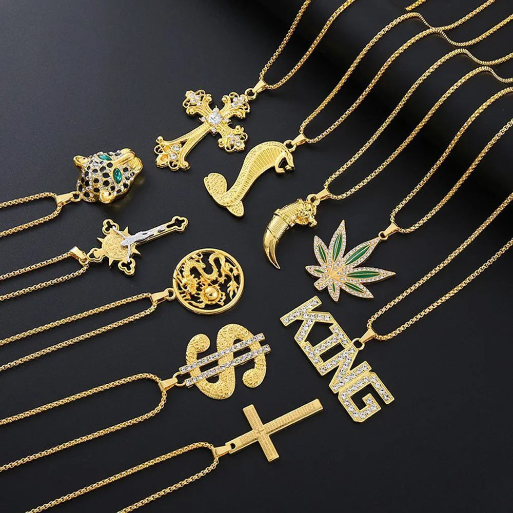 Gold tone geometric alloy necklace with inlaid zircon stone pendant