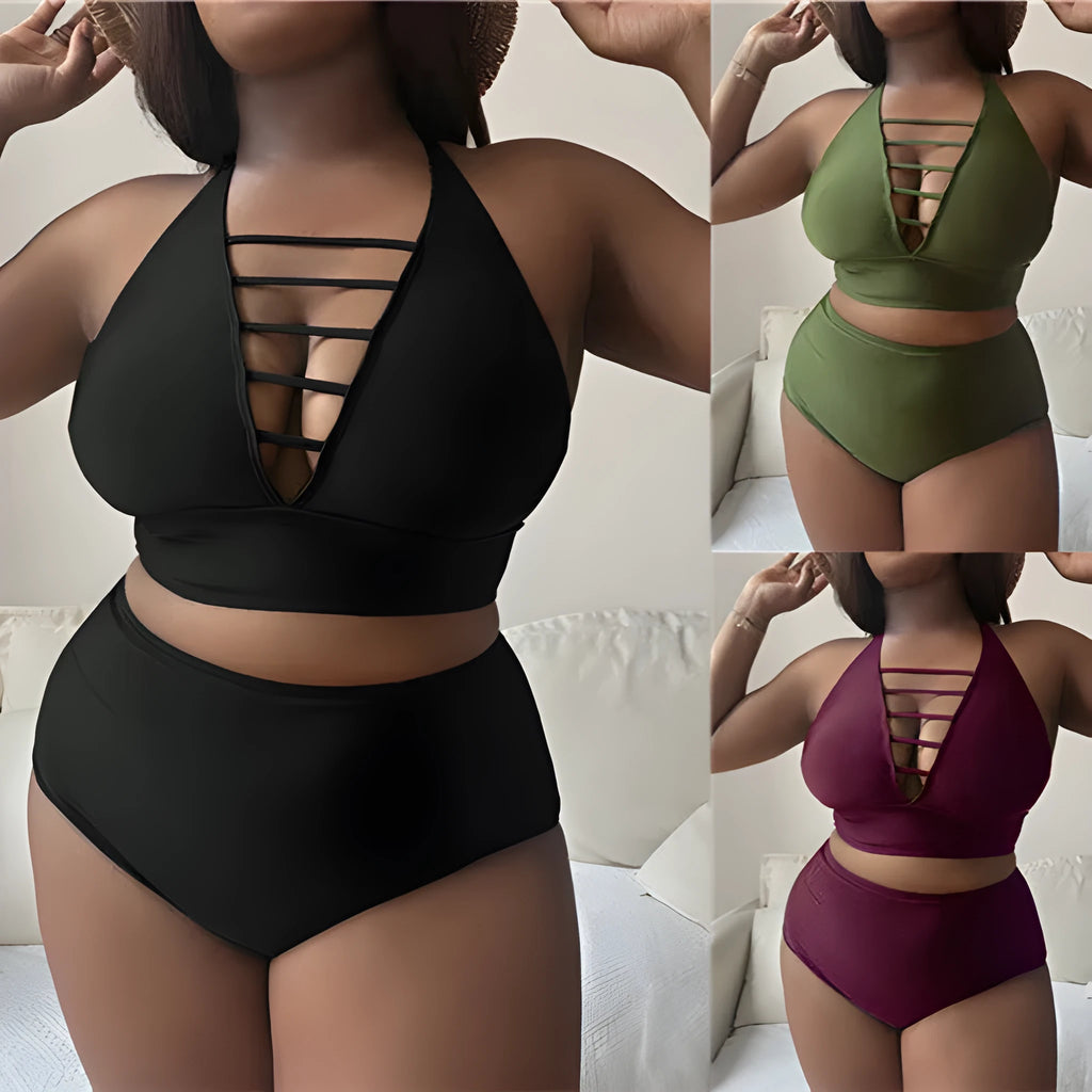 Plus size halter bikini with adjustable cross shoulder straps and high waist briefs in solid colour
