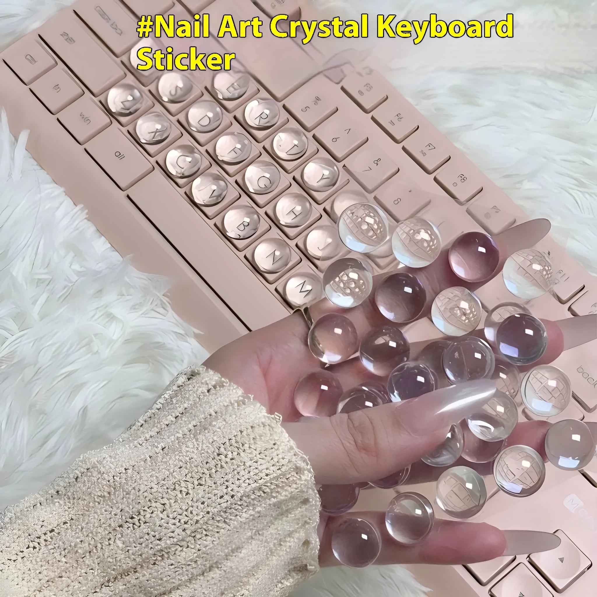 Crystal glass ball keyboard stickers in 12x6mm size on a white keyboard showing raised design