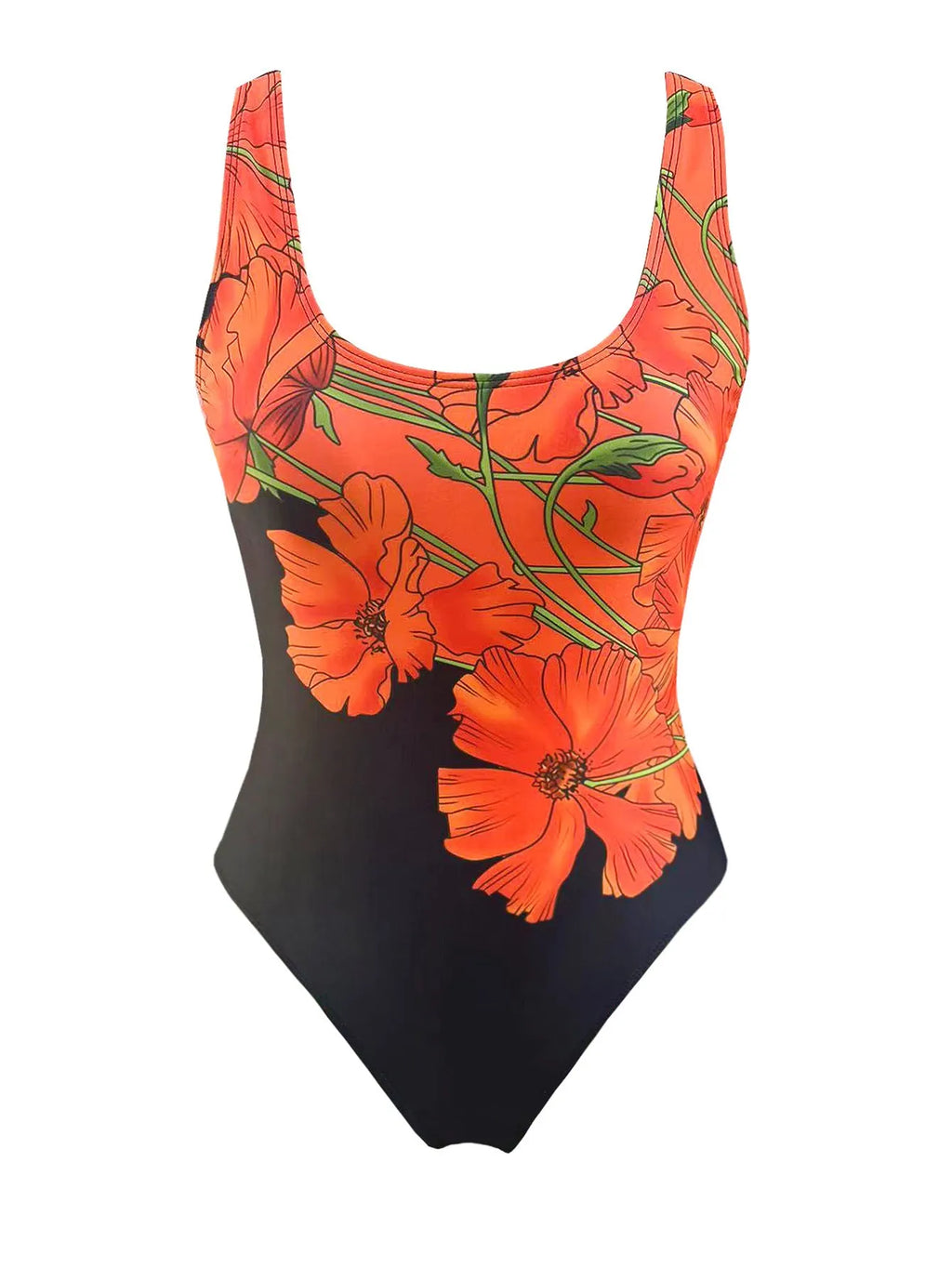 Orange flower print backless one-piece swimsuit in slim fit design