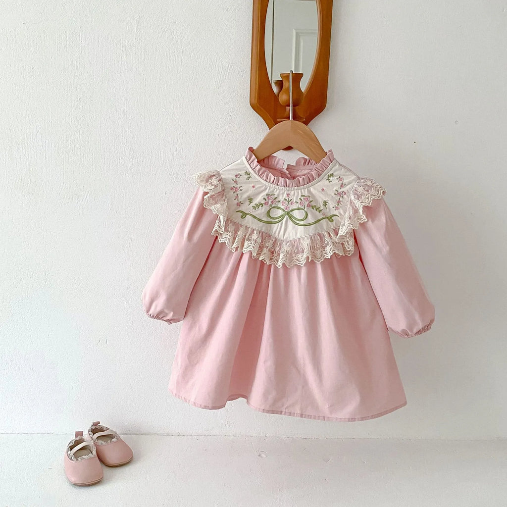 Pure cotton girls' dress in pink with lace stand collar and flower embroidery, long sleeves, princess style