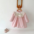 Pure cotton girls' dress in pink with lace stand collar and flower embroidery, long sleeves, princess style