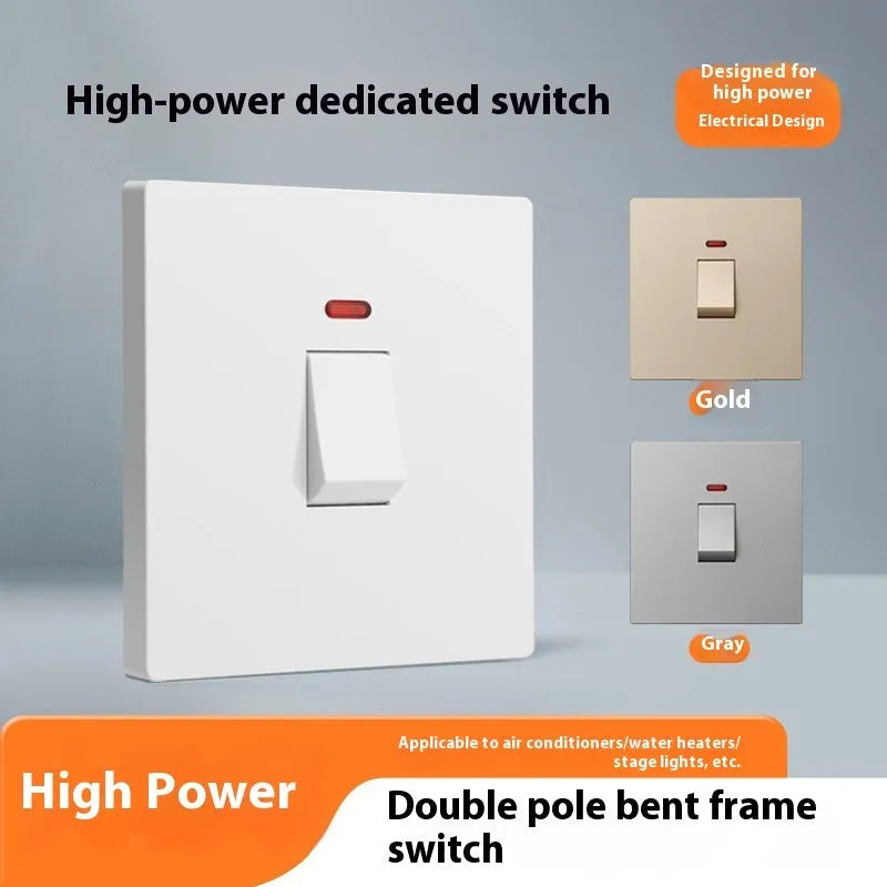 Gold, grey, or white coloured industrial switch with light panel for 25A or 45A high-current circuits.