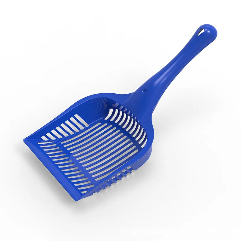 Blue, red, or yellow plastic cat litter scoop shown in small and medium size options.