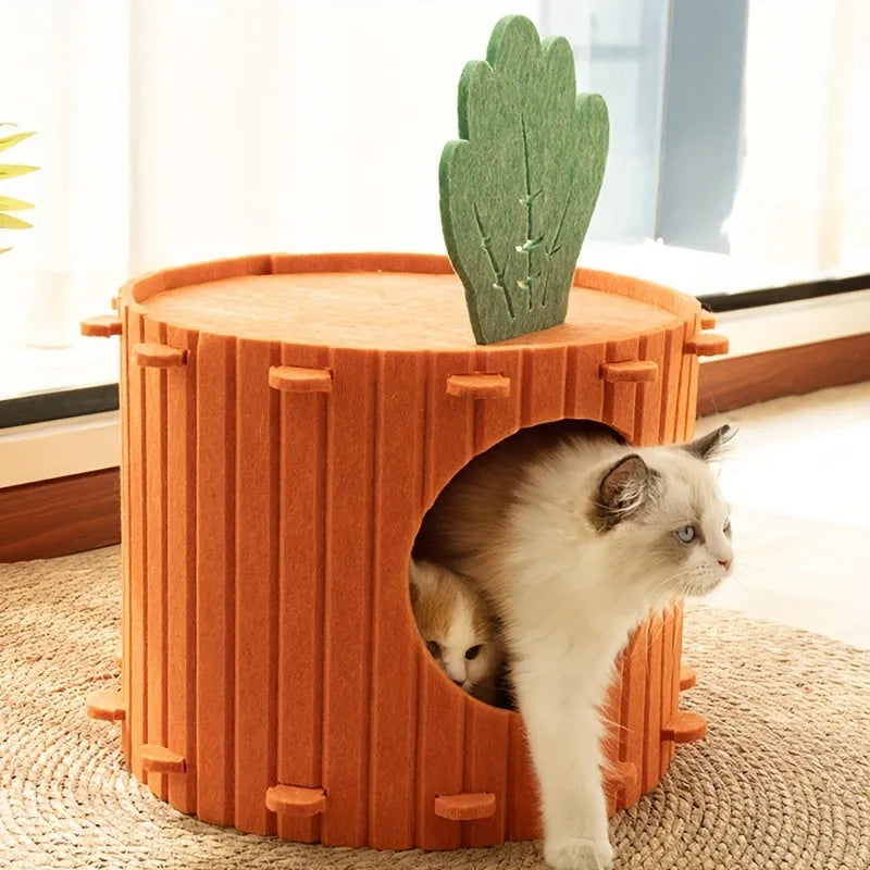 A semi-enclosed felt cat bed with an integrated tunnel, shown in two size options.