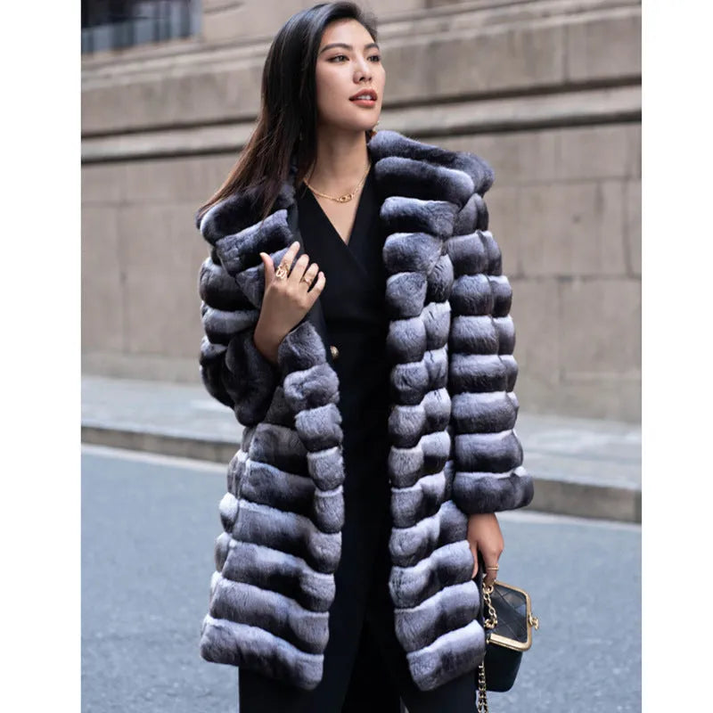 Zebra stripe faux fur overcoat for women, mid-length 65cm, regular sleeves, artificial mink fabric, size S-9XL