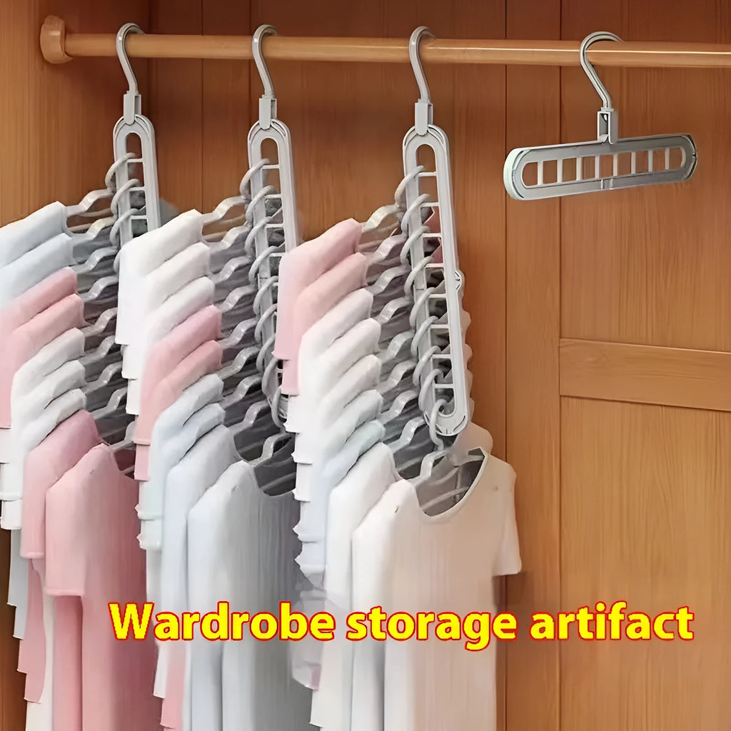 Multifunctional plastic hanger with nine holes for folding trousers, shown in beige