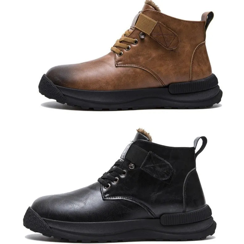 Men's black velvet platform boots with high-top design and rubber sole showing side profile