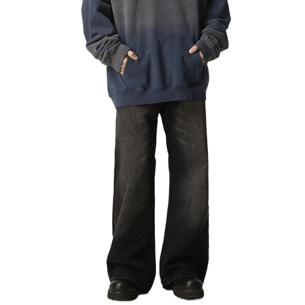 Black loose straight-leg American retro jeans with zipper fly on mannequin