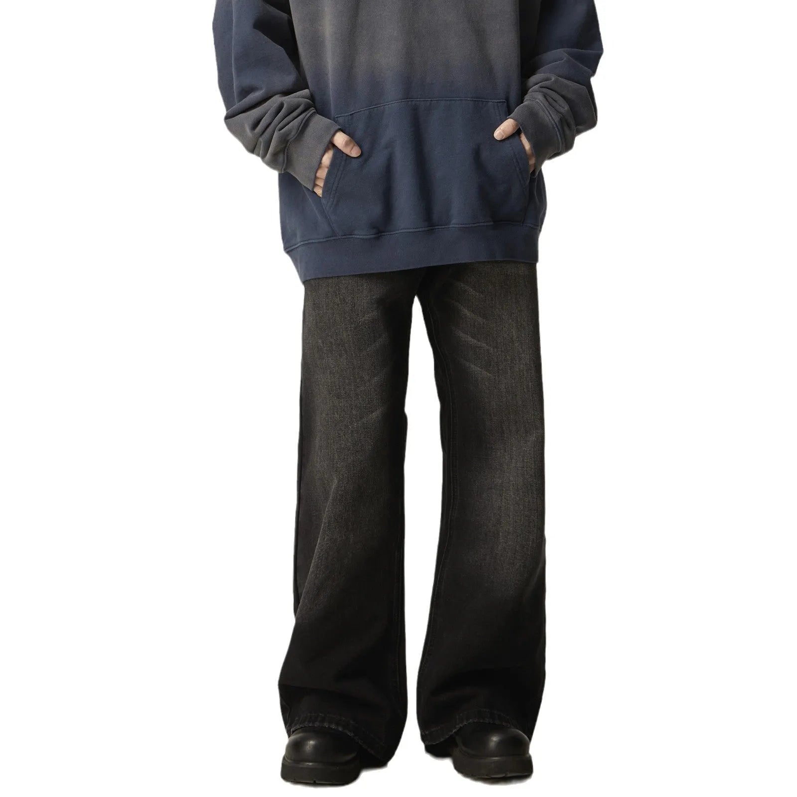Black loose straight-leg American retro jeans with zipper fly on mannequin