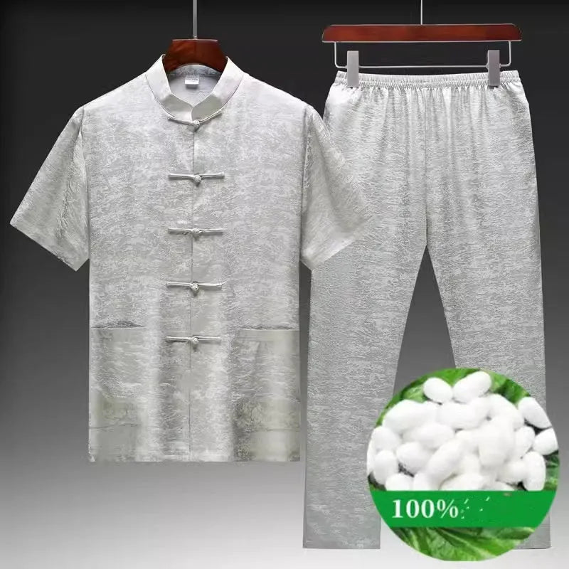 Mulberry silk Chinese Tang suit set in light green colour with traditional jacket and trousers