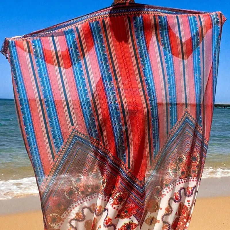 Women's three-piece swimsuit set showing high-waisted briefs, sleeveless blouse and cover-up coat in matching colour