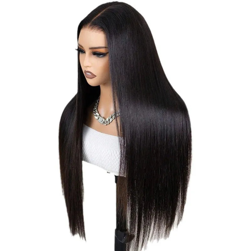 Black straight human hair wig with a 13x6 lace front, shown in a long length
