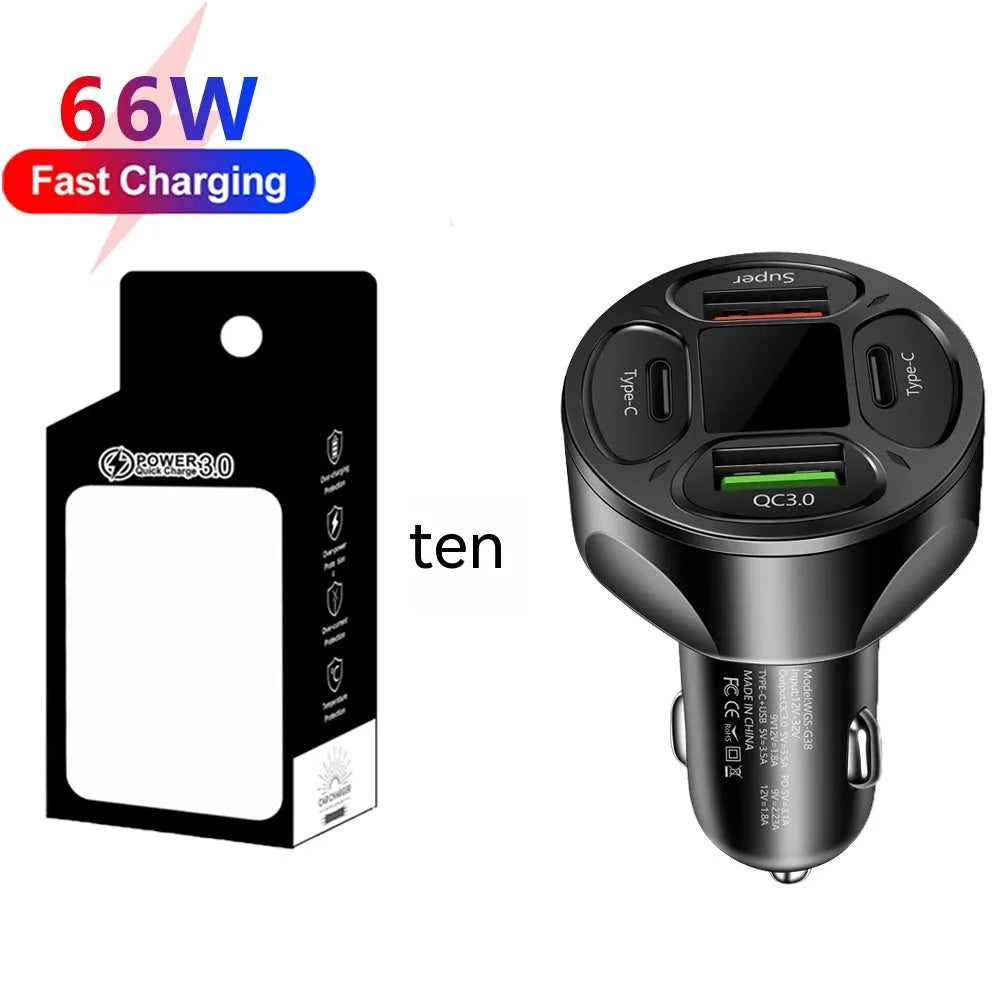 Black 66W digital display car charger with two USB ports and two Type-C ports.
