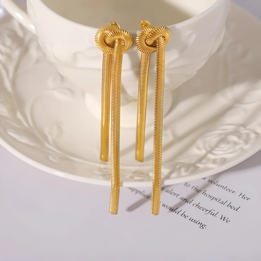 Gold knotted tassel snake chain long necklace with matching earrings set