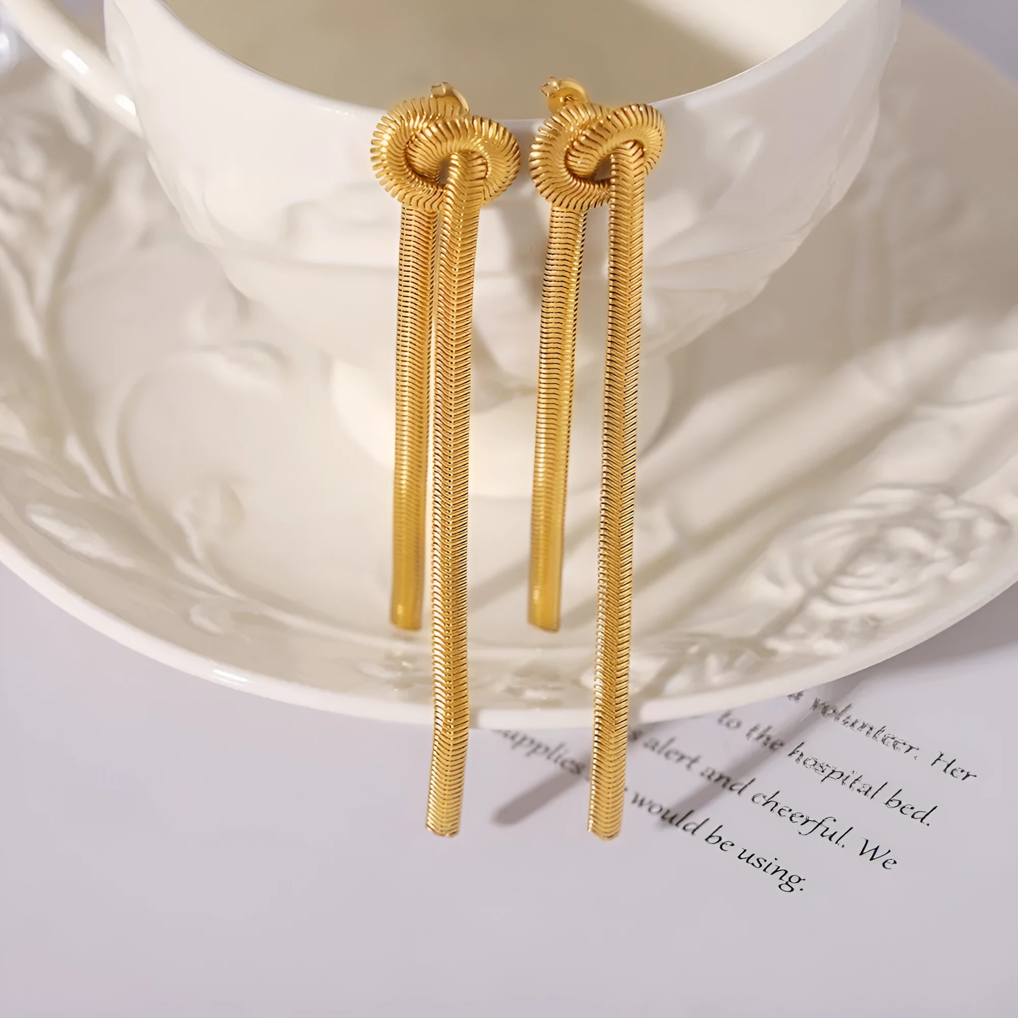 Gold knotted tassel snake chain long necklace with matching earrings set