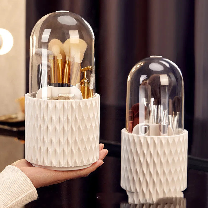 White rotating transparent acrylic makeup brush storage organiser with dustproof lid