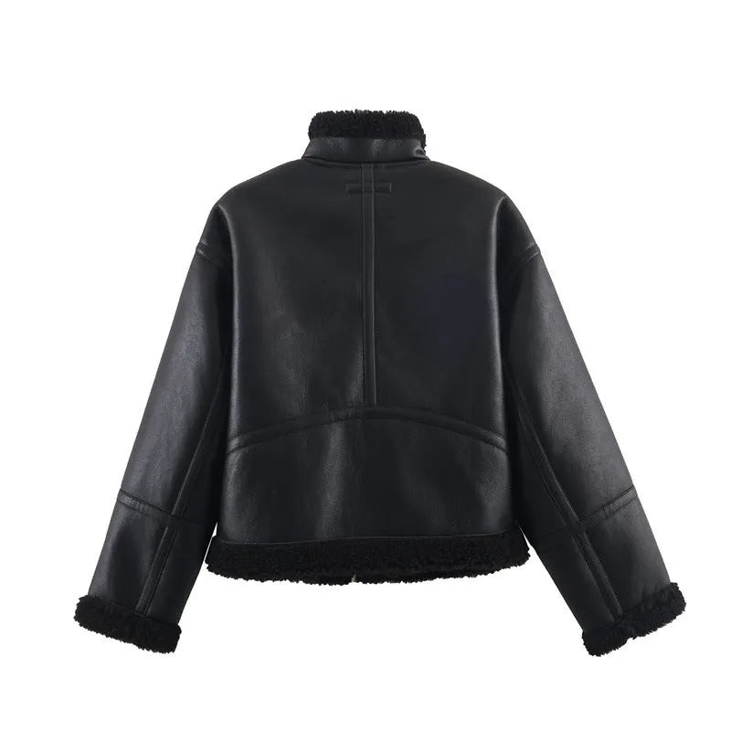 Women's double-sided fleece jacket in black with PU fabric, medium thickness, casual style, size S