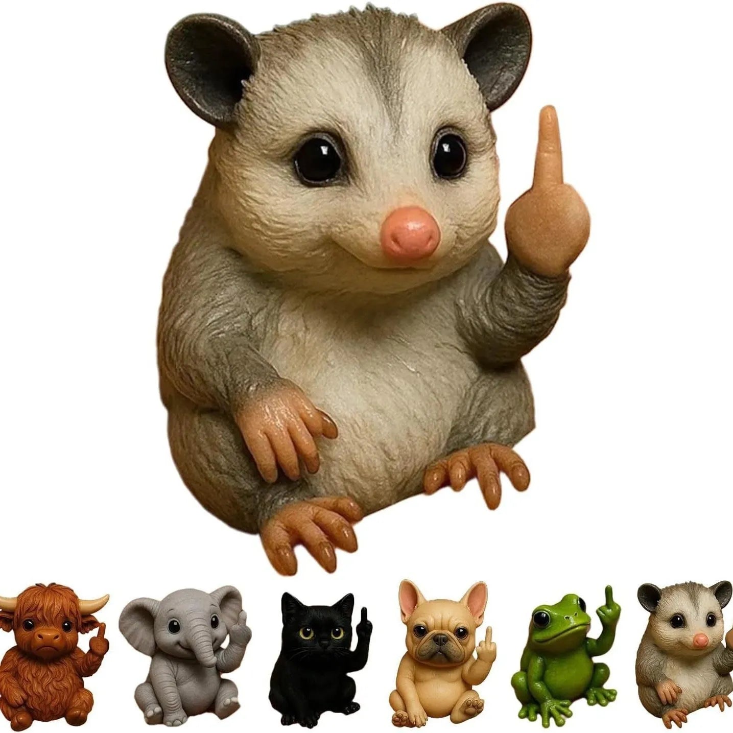 Mini animal-themed vertical middle finger doll ornament in resin and plastic on a desk.