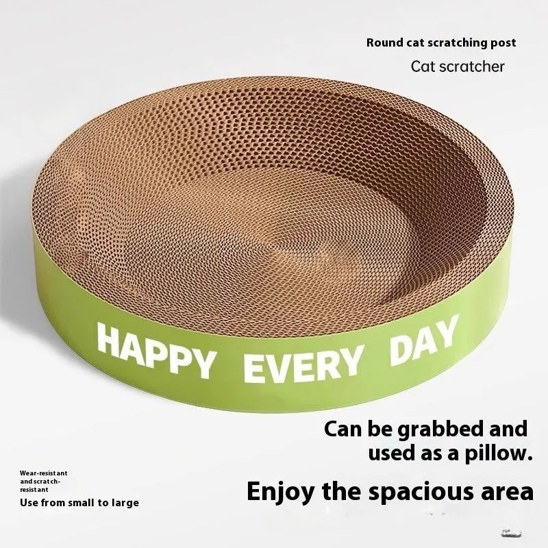 Green round cat scratching board nest showing wear-resistant surface and nest shape.