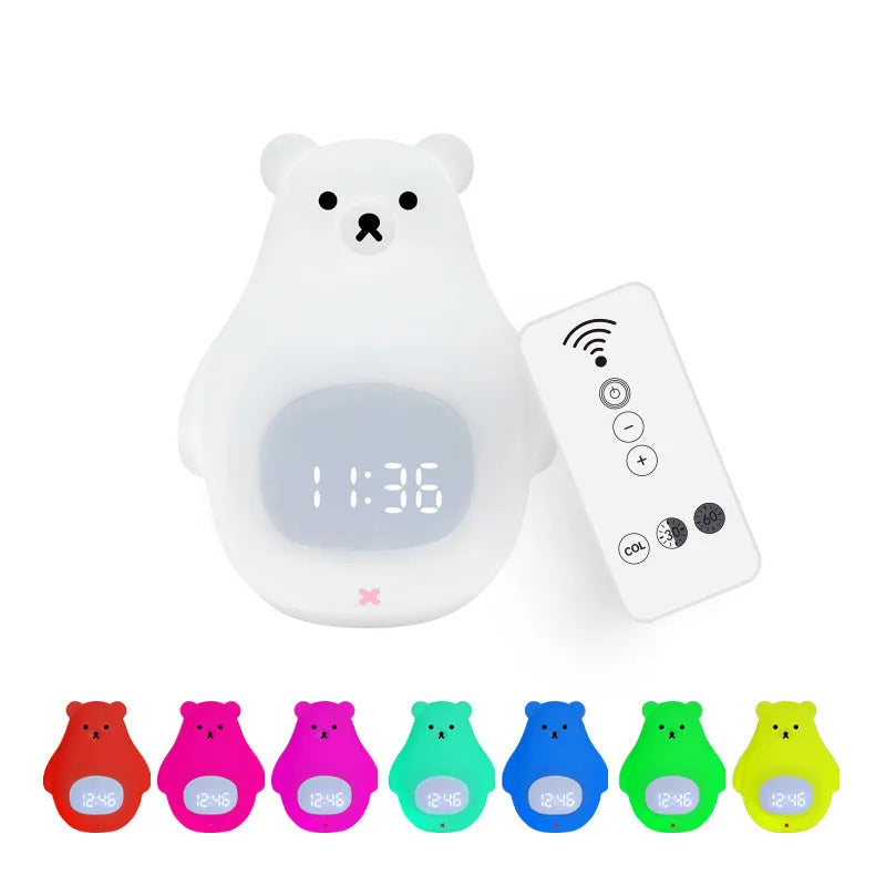 White silicone bear-shaped night light with colourful light display and remote control.