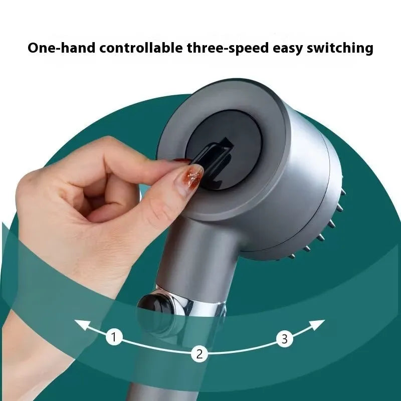 Portable shower head with modern design showing adjustable gear settings for spray, massage, and rain shower functions