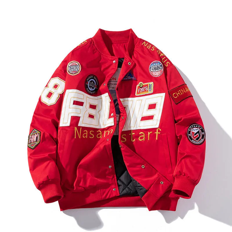 Black American motorcycle-style loose-fit baseball jacket with side pocket, shown with detachable hood.