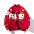 Black American motorcycle-style loose-fit baseball jacket with side pocket, shown with detachable hood.