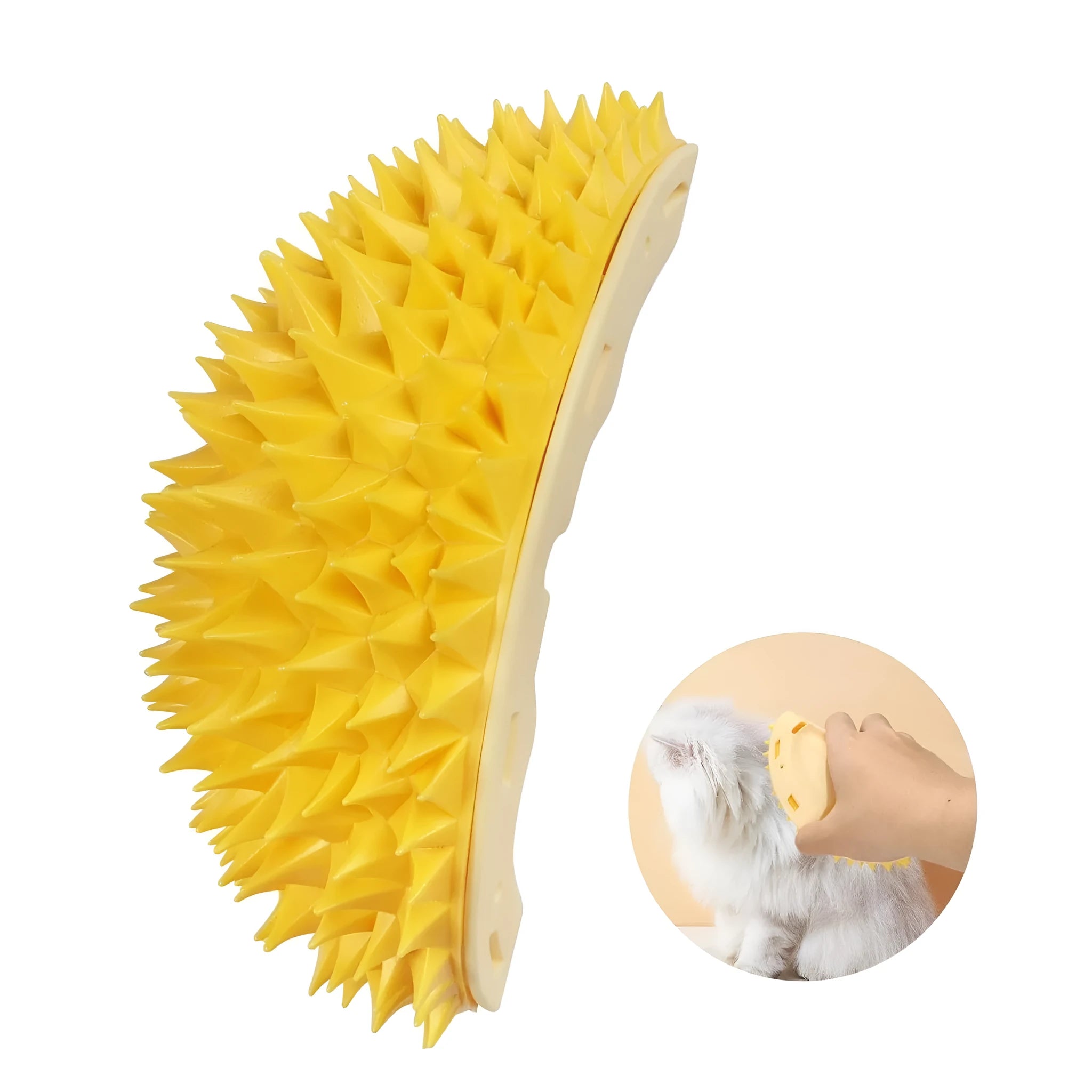Yellow durian-shaped cat corner scratcher with massage comb mounted on wall corner