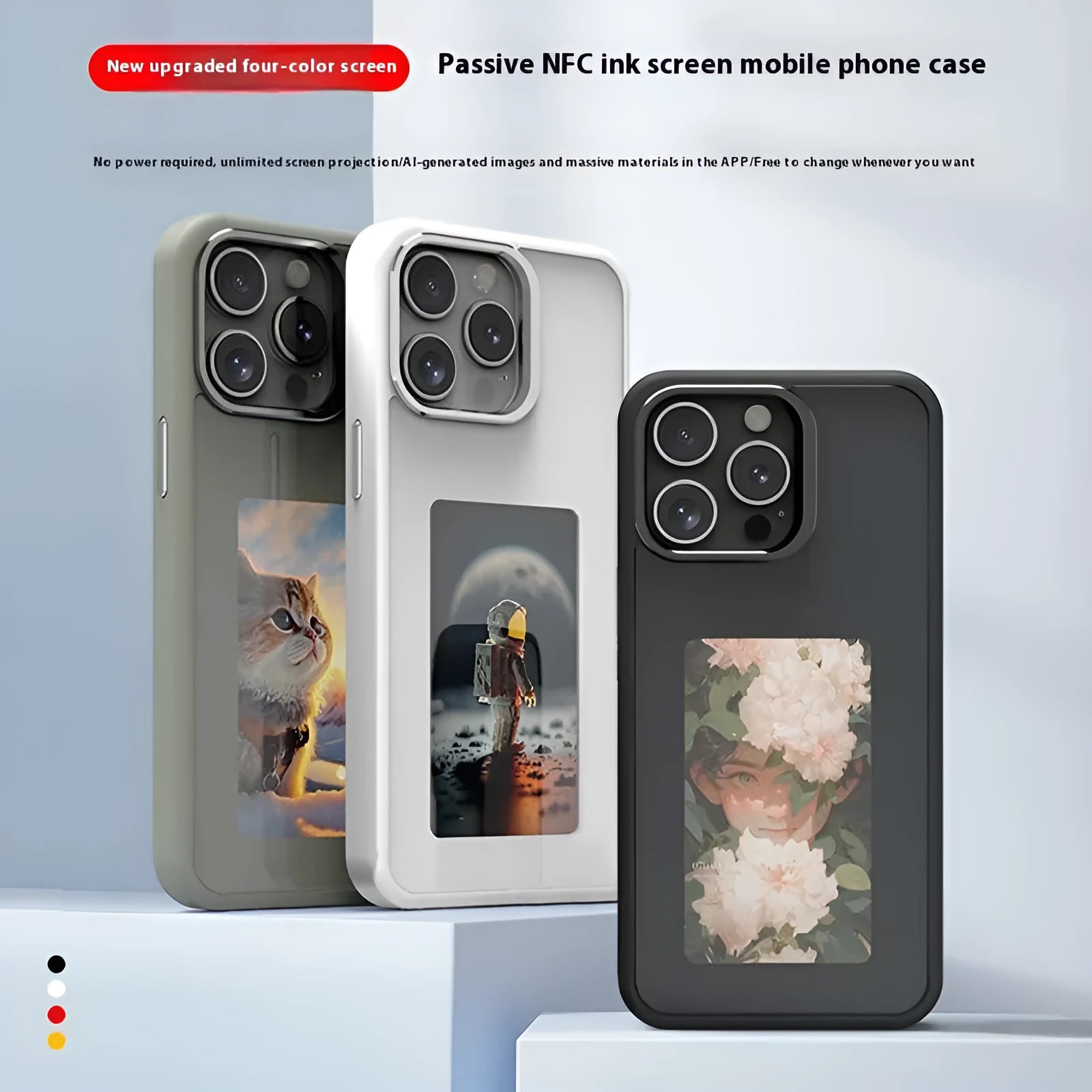 NFC projection screen four-colour e-ink bracket phone case for iPhone in graphite black, pink, or green.