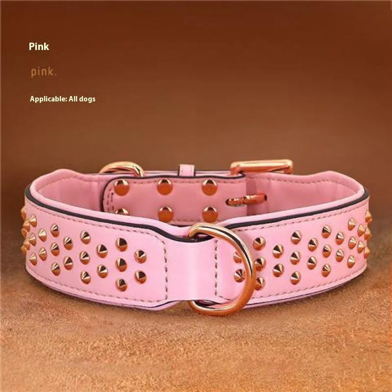 Leather dog collar in chocolate colour with metal rivets and adjustable fastener.