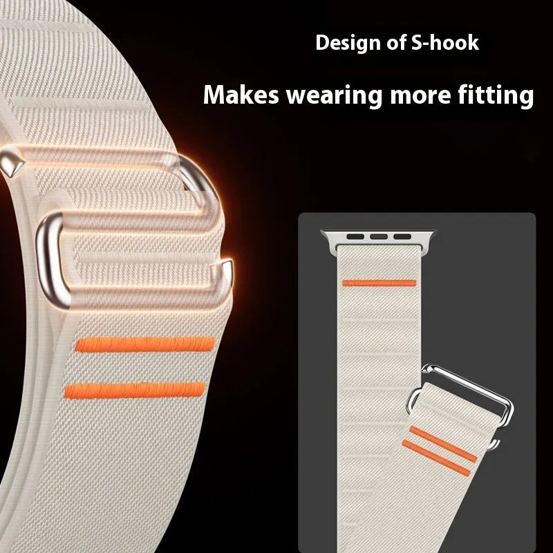 Elastic nylon Apple Watch replacement band with stainless steel buckle in various colours.