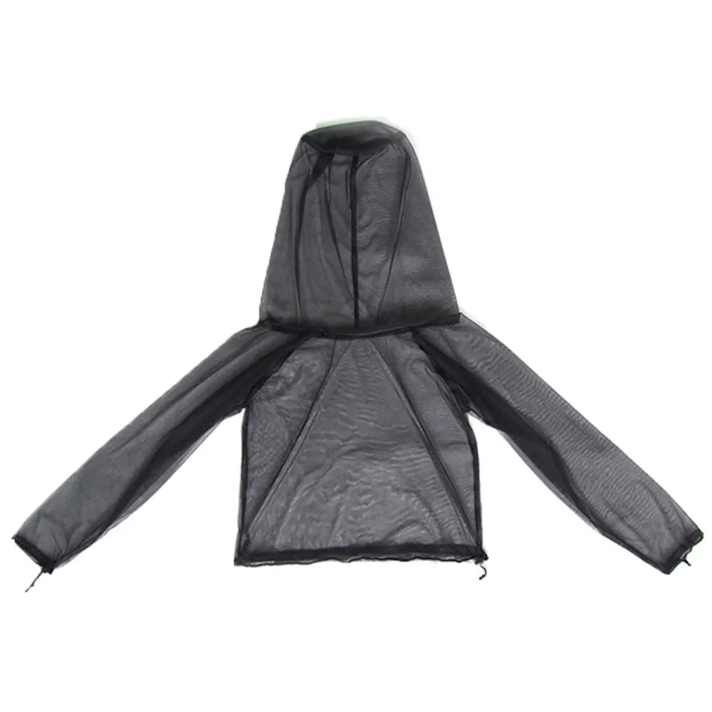 Four-piece anti-mosquito suit set showing hooded top, pants and booties in breathable mesh fabric