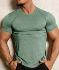 Men's grey quick-dry stretch casual short sleeve t-shirt on a hanger.