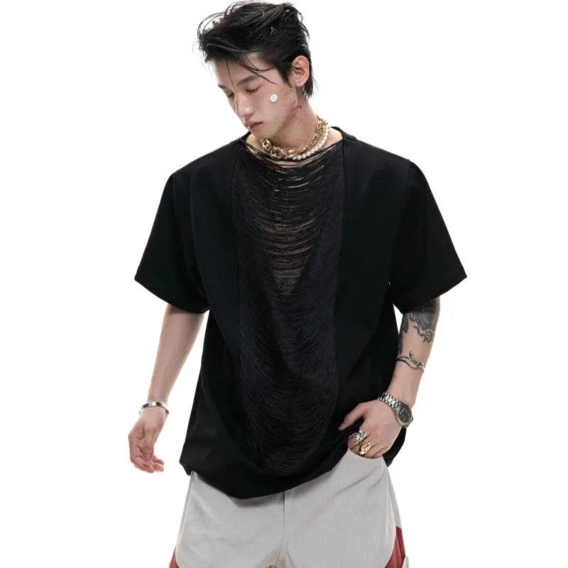 Black men's V-neck short sleeve polyester T-shirt with loose fit and tassel detailing