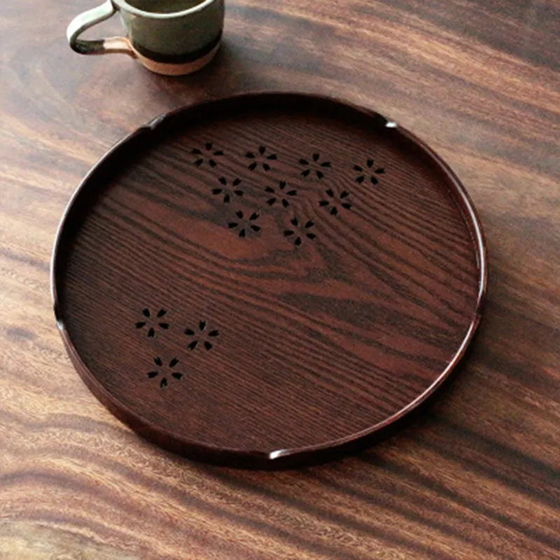 Wooden plate with hollow sakura cherry blossom pattern, 30 cm diameter shallow serving tray