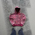 Men's hooded loose zip coat in red or blue polyester fibre with comprehensive size chart