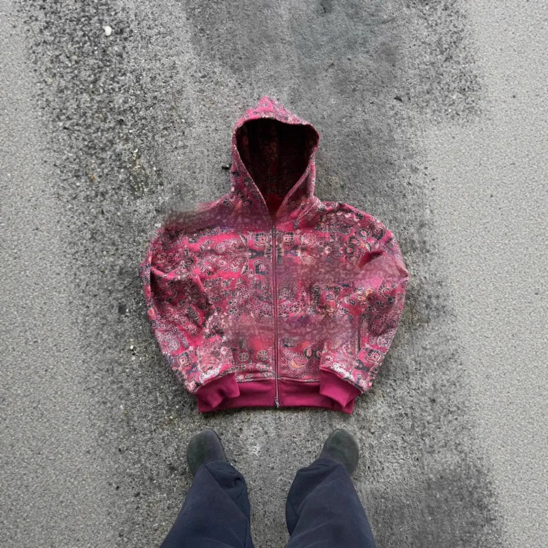 Men's hooded loose zip coat in red or blue polyester fibre with comprehensive size chart