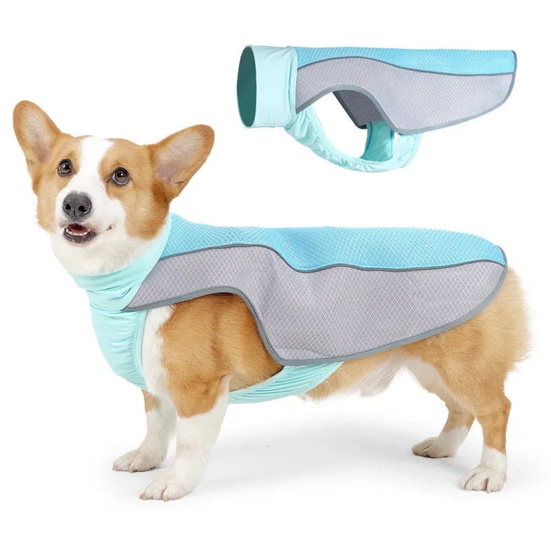 Light grey polyester dog cooling vest on a model dog showing chest and back fit.