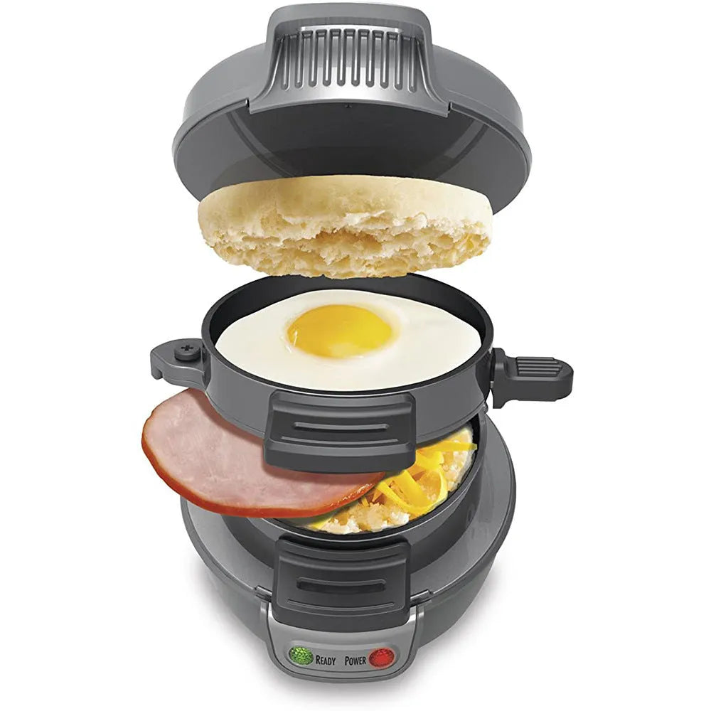 Breakfast sandwich maker with egg cooker ring in bright red, orange, or silver grey colours