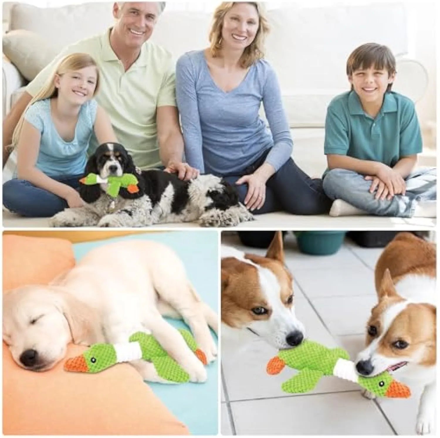 Blue plush duck dog chew toy with two squeakers measuring 33cm by 10cm