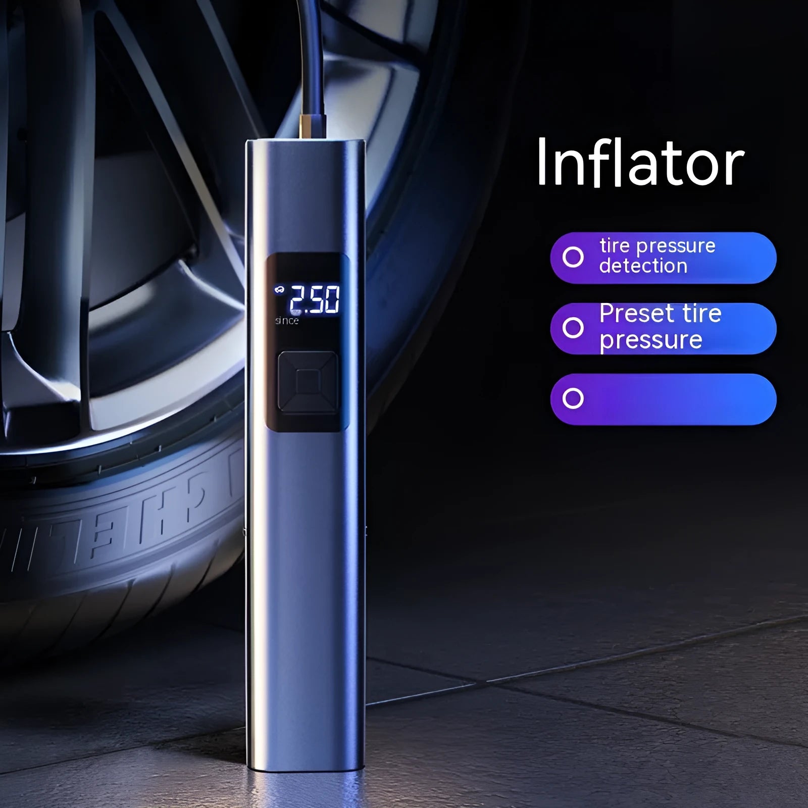 Wireless digital display car air pump and vacuum cleaner unit with accessories on a grey background