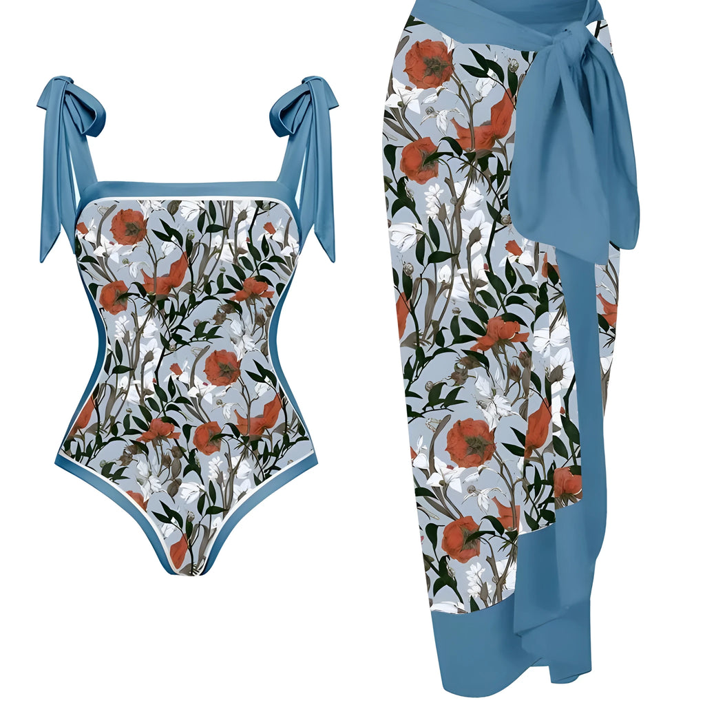 Women's floral print two-piece chiffon swimsuit with matching skirt in multiple colour options
